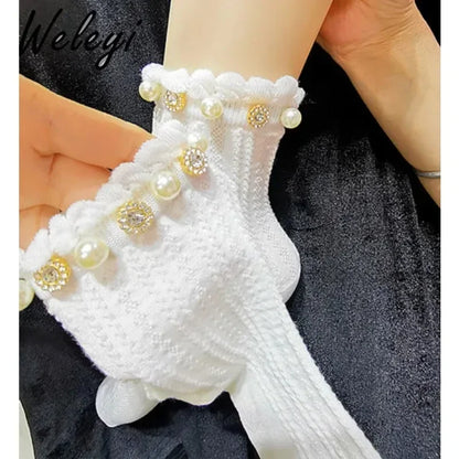 Jirai Accessories Lolita Cute Girl Pearls Rhinestones Socks 2024 Sweet Pearl Diamond Bubble Jirai Kei Mesh Pure Cotton Stockings