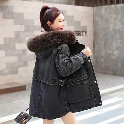 New 2025 Fashion Hooded Big Fur Collar Denim Jacket Women Casual Warm Mid-length Coat Denim Outerwear for Women Denim Street Top