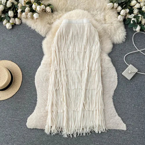 Women Chic Pleated Tassels Tiered Full  Skirt High Waist Elegant Korean Fashion Hip Wrap Skirt  Sweet  Summer Clothing