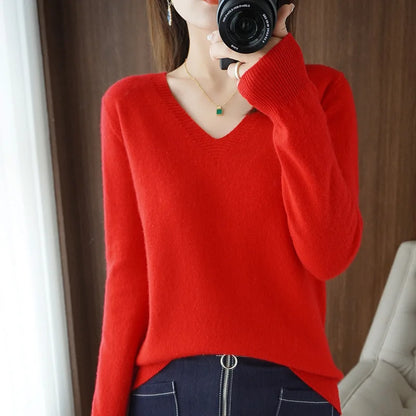 Women's Warm V-neck Pullover, Knitted Sweater, Korean Fashion, Long-sleeved, Loose Thin Inner Top, Autumn and Winter, New