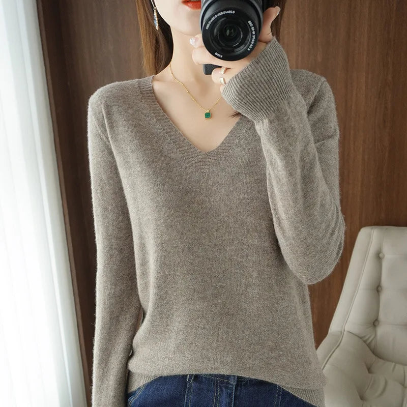 Women's Warm V-neck Pullover, Knitted Sweater, Korean Fashion, Long-sleeved, Loose Thin Inner Top, Autumn and Winter, New