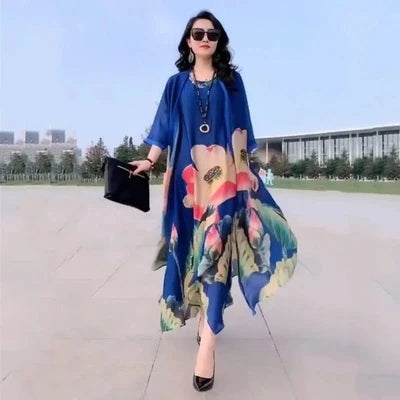 Oversize 5XL Dresses Female Two-Piece Suit 2023 New Spring Summer Dress Female Fashion Elegant Loose Print Mother Suit Dresses