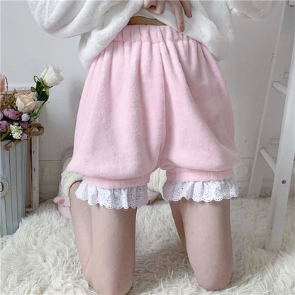 Winter Warm Bowknot Lace Ruffle Pumpkin Bloomers Victorian Plush Shorts Women Girls Lolita Harajuku Y2k Lantern Shorts Pants