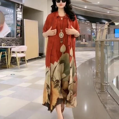 Oversize 5XL Dresses Female Two-Piece Suit 2023 New Spring Summer Dress Female Fashion Elegant Loose Print Mother Suit Dresses