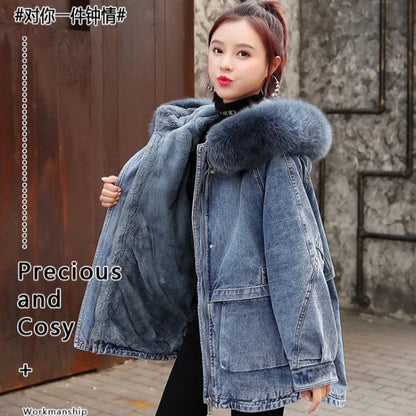 New 2025 Fashion Hooded Big Fur Collar Denim Jacket Women Casual Warm Mid-length Coat Denim Outerwear for Women Denim Street Top