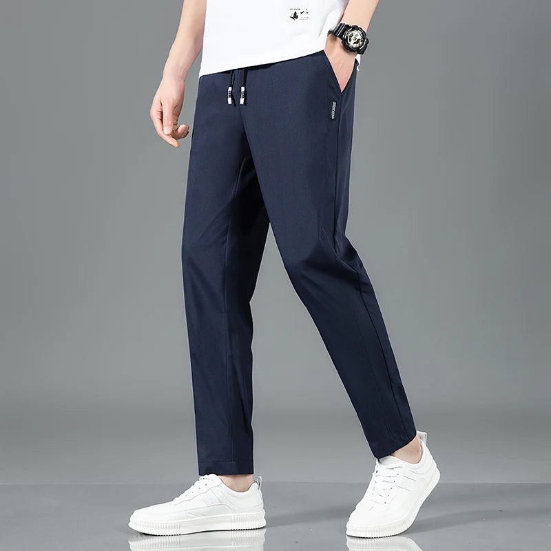 Spring Summer Waist Drawing Solid Color Thin Business Casual Trousers Outdoor Elastic Breathable Straight Tube Sneaker