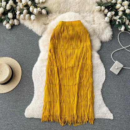 Women Chic Pleated Tassels Tiered Full  Skirt High Waist Elegant Korean Fashion Hip Wrap Skirt  Sweet  Summer Clothing