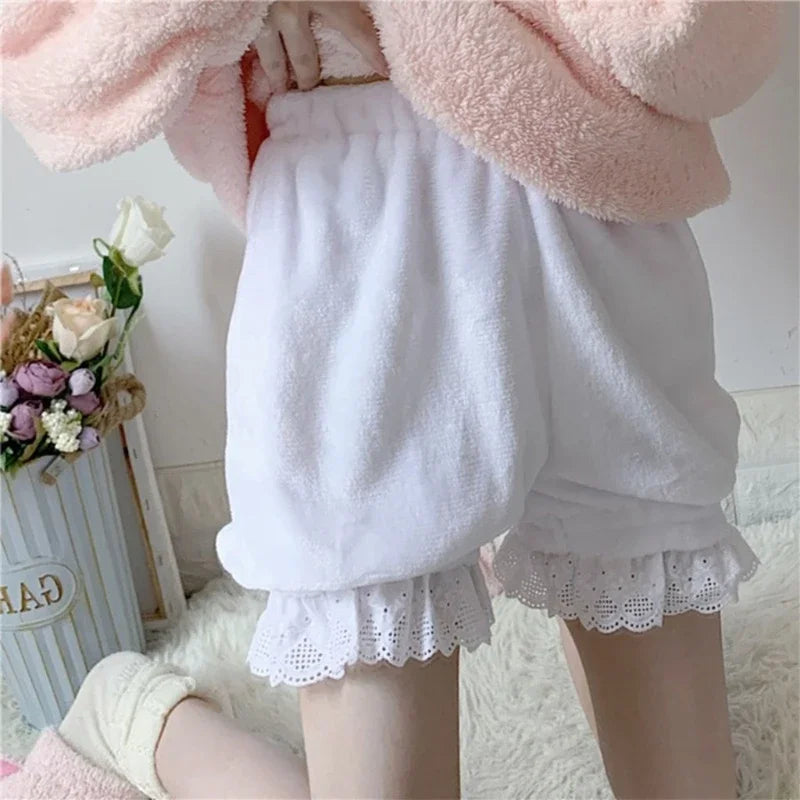 Winter Warm Bowknot Lace Ruffle Pumpkin Bloomers Victorian Plush Shorts Women Girls Lolita Harajuku Y2k Lantern Shorts Pants