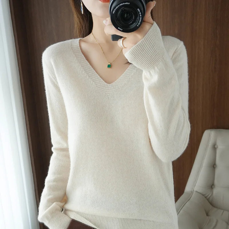 Women's Warm V-neck Pullover, Knitted Sweater, Korean Fashion, Long-sleeved, Loose Thin Inner Top, Autumn and Winter, New