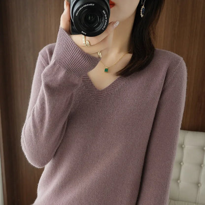 Women's Warm V-neck Pullover, Knitted Sweater, Korean Fashion, Long-sleeved, Loose Thin Inner Top, Autumn and Winter, New