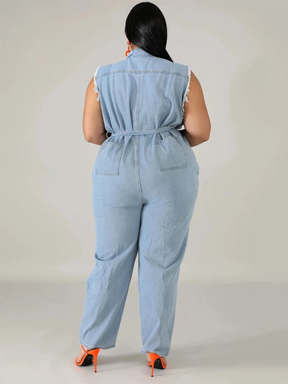 Womens Jeans Plus Size Streetwear One Piece Suit with Sash Denim Elegant Oversized Ripped Jumpsuit Wholesale Bulk Dropshipping