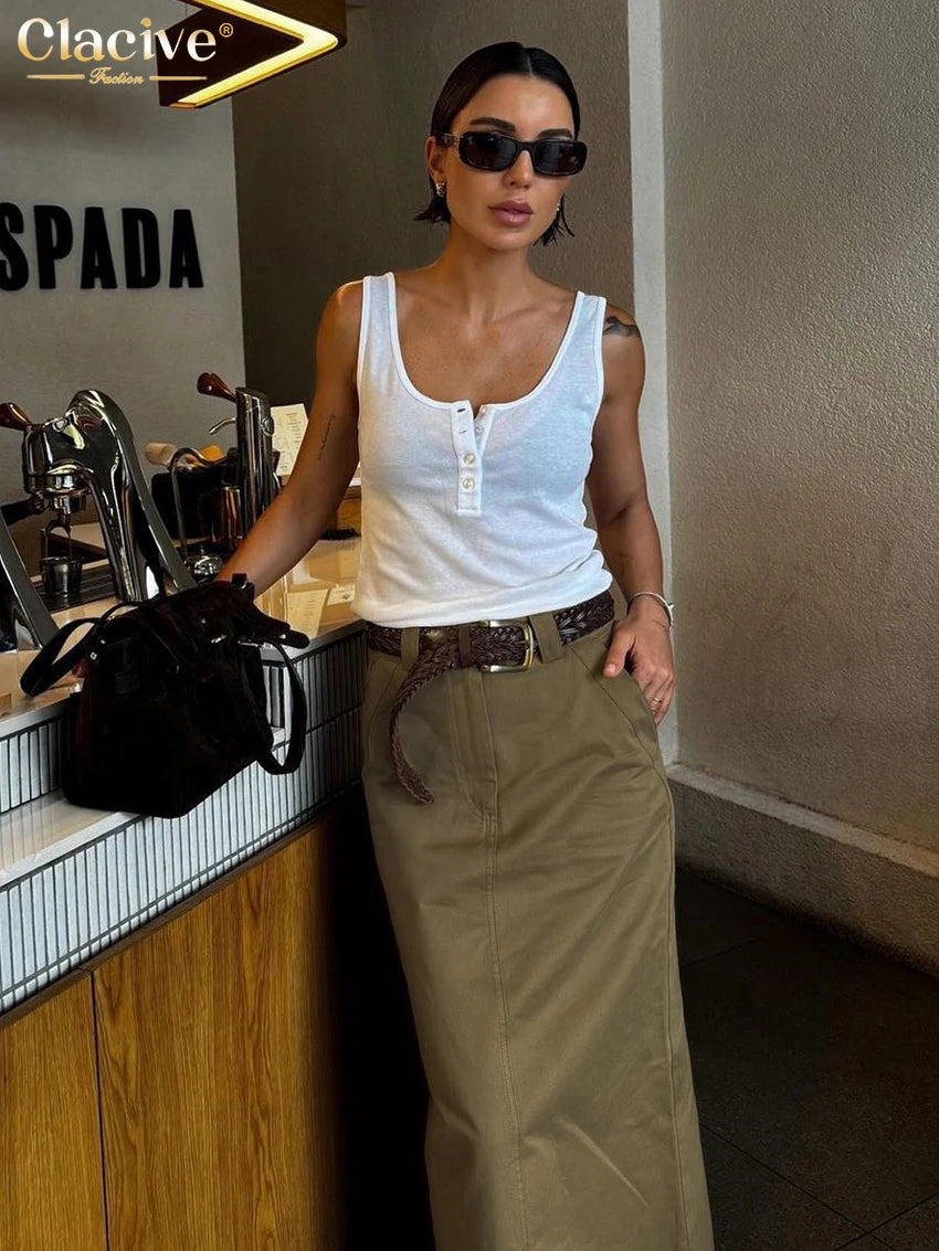 Clacive Fashion Loose Khaki Cotton Women's Skirt 2024 Casual High Waist Long Skirts Elegant Classic Solid Skirt Female Clothing