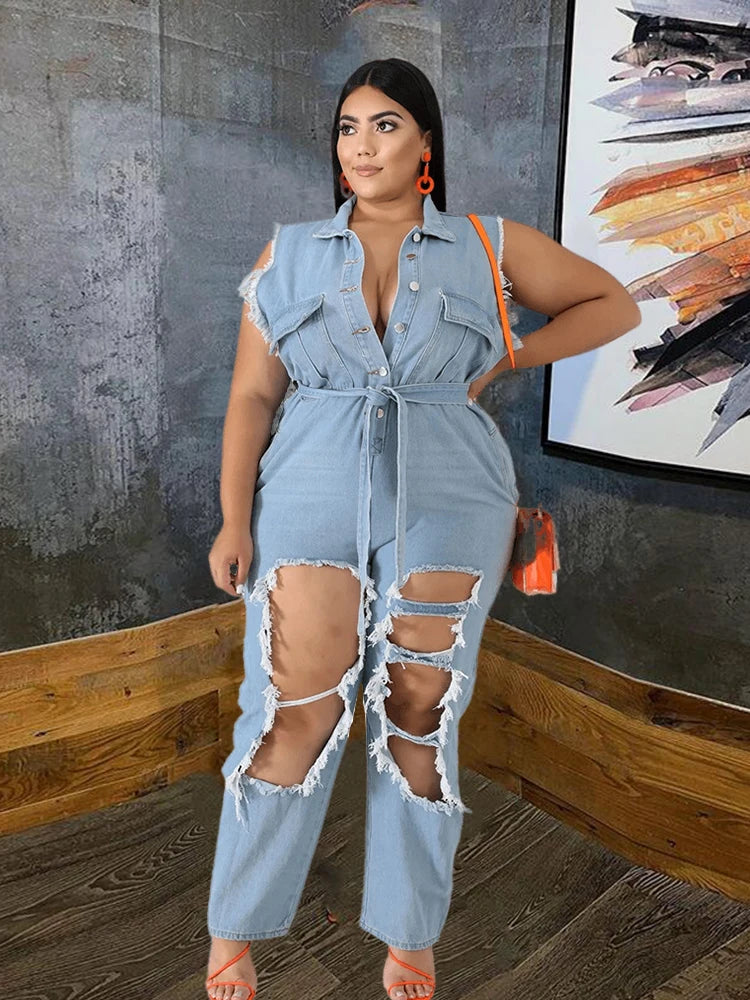 Womens Jeans Plus Size Streetwear One Piece Suit with Sash Denim Elegant Oversized Ripped Jumpsuit Wholesale Bulk Dropshipping