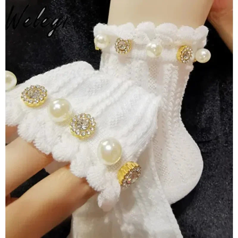 Jirai Accessories Lolita Cute Girl Pearls Rhinestones Socks 2024 Sweet Pearl Diamond Bubble Jirai Kei Mesh Pure Cotton Stockings