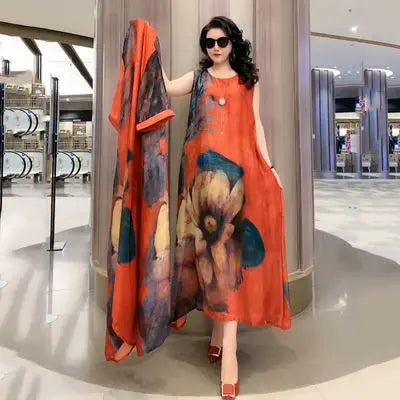 Oversize 5XL Dresses Female Two-Piece Suit 2023 New Spring Summer Dress Female Fashion Elegant Loose Print Mother Suit Dresses