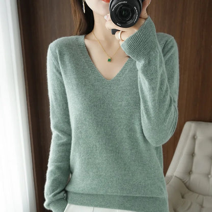 Women's Warm V-neck Pullover, Knitted Sweater, Korean Fashion, Long-sleeved, Loose Thin Inner Top, Autumn and Winter, New