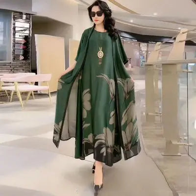 Oversize 5XL Dresses Female Two-Piece Suit 2023 New Spring Summer Dress Female Fashion Elegant Loose Print Mother Suit Dresses