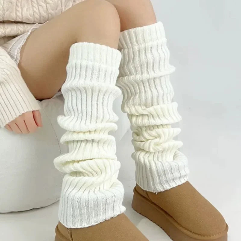 Y2K Winter Leg Warmers Women Girl Solid Color Wool Knitted Long Sock Soft Comfortable Warm Cotton Stockings Fashion Accessories