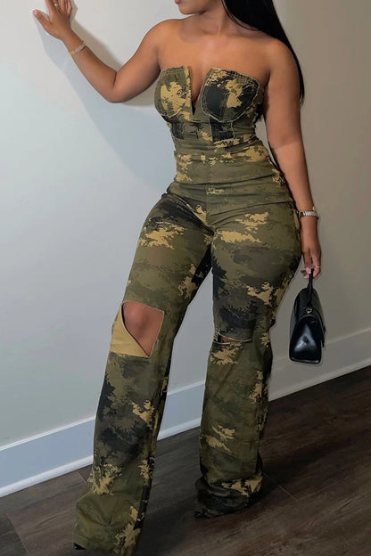 Women Plus Size Camouflage Jumpsuit Casual Army Green Denim Camo Strapless Sleeveless High Waist Ripped Jumpsuit Rompers