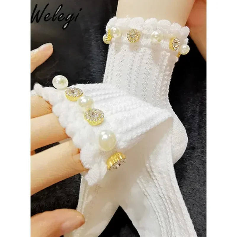 Jirai Accessories Lolita Cute Girl Pearls Rhinestones Socks 2024 Sweet Pearl Diamond Bubble Jirai Kei Mesh Pure Cotton Stockings