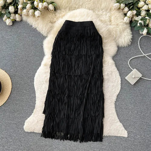 Women Chic Pleated Tassels Tiered Full  Skirt High Waist Elegant Korean Fashion Hip Wrap Skirt  Sweet  Summer Clothing