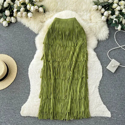 Women Chic Pleated Tassels Tiered Full  Skirt High Waist Elegant Korean Fashion Hip Wrap Skirt  Sweet  Summer Clothing