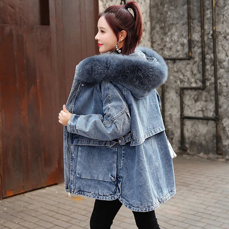 New 2025 Fashion Hooded Big Fur Collar Denim Jacket Women Casual Warm Mid-length Coat Denim Outerwear for Women Denim Street Top