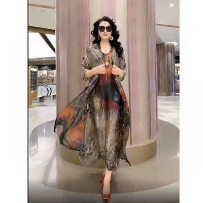 Oversize 5XL Dresses Female Two-Piece Suit 2023 New Spring Summer Dress Female Fashion Elegant Loose Print Mother Suit Dresses