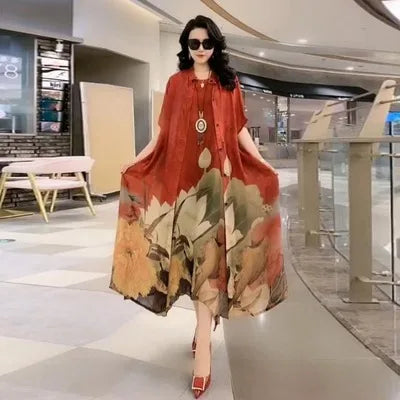 Oversize 5XL Dresses Female Two-Piece Suit 2023 New Spring Summer Dress Female Fashion Elegant Loose Print Mother Suit Dresses