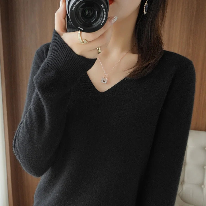 Women's Warm V-neck Pullover, Knitted Sweater, Korean Fashion, Long-sleeved, Loose Thin Inner Top, Autumn and Winter, New