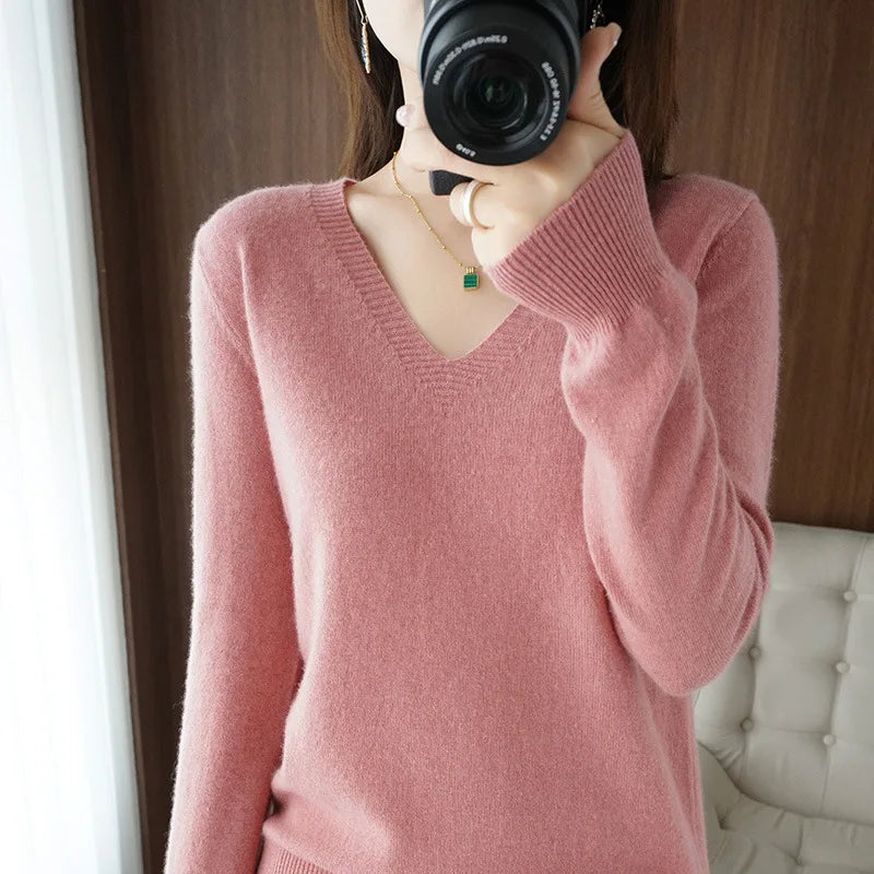 Women's Warm V-neck Pullover, Knitted Sweater, Korean Fashion, Long-sleeved, Loose Thin Inner Top, Autumn and Winter, New