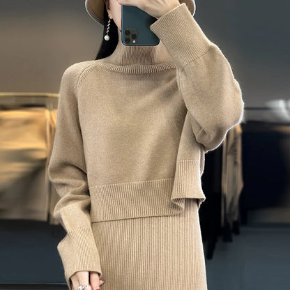 Two Piece Set Women New Autumn Winter Fashion Solid Color Sweater Suit Long Sleeve Turtleneck Clothing Straight Split Dress Sets