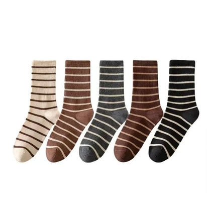 5pairs Cute Patchwork Tube Socks Women Elastic Breathable Autumn Striped Socks All Match Lolita JK Mid Calf Socks Teenagers