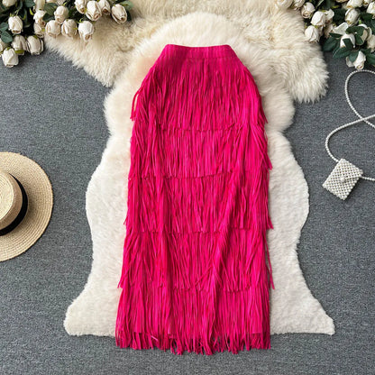 Women Chic Pleated Tassels Tiered Full  Skirt High Waist Elegant Korean Fashion Hip Wrap Skirt  Sweet  Summer Clothing