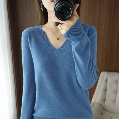 Women's Warm V-neck Pullover, Knitted Sweater, Korean Fashion, Long-sleeved, Loose Thin Inner Top, Autumn and Winter, New