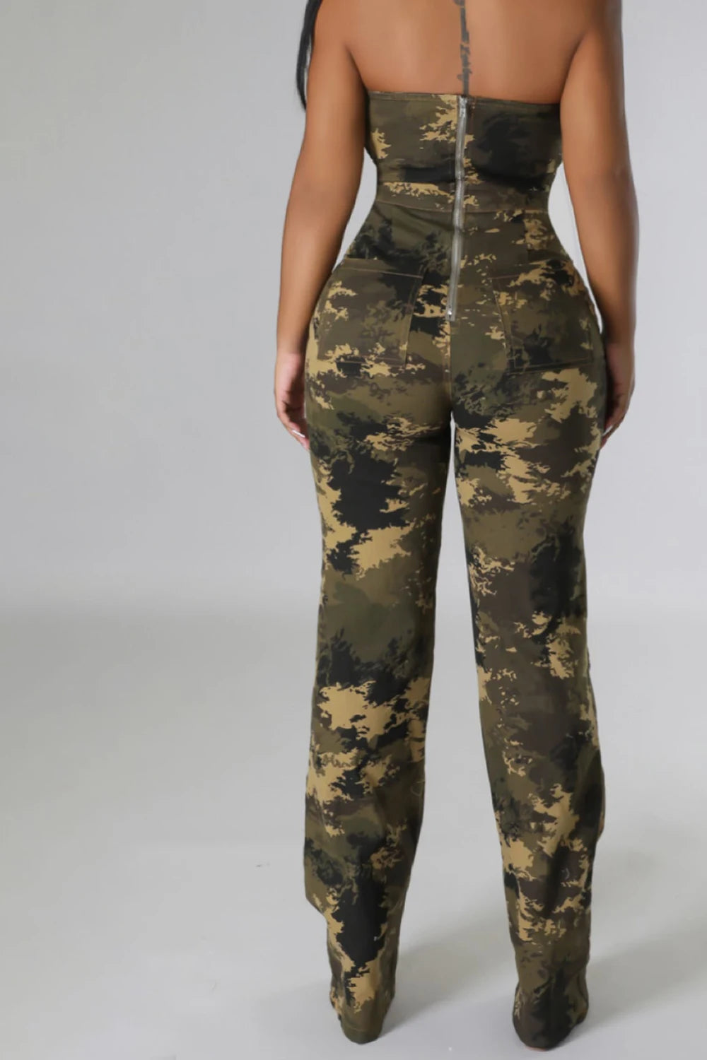 Women Plus Size Camouflage Jumpsuit Casual Army Green Denim Camo Strapless Sleeveless High Waist Ripped Jumpsuit Rompers