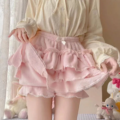 Winter Warm Bowknot Lace Ruffle Pumpkin Bloomers Victorian Plush Shorts Women Girls Lolita Harajuku Y2k Lantern Shorts Pants