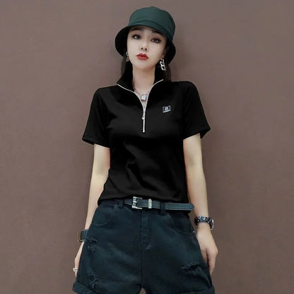 T-shirt Woman Short Sleeve Tee Clothing Green Polo Neck Shirts for Women Tops White Korean Style Polyester Luxury High Quality V