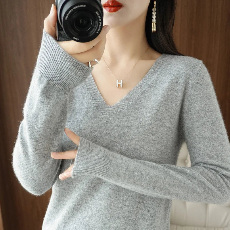 Women's Warm V-neck Pullover, Knitted Sweater, Korean Fashion, Long-sleeved, Loose Thin Inner Top, Autumn and Winter, New