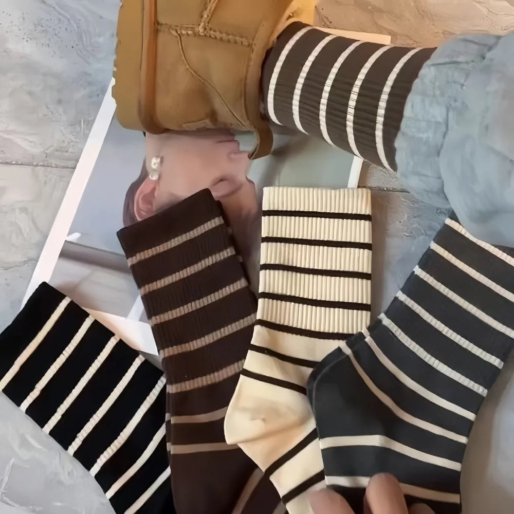 5pairs Cute Patchwork Tube Socks Women Elastic Breathable Autumn Striped Socks All Match Lolita JK Mid Calf Socks Teenagers