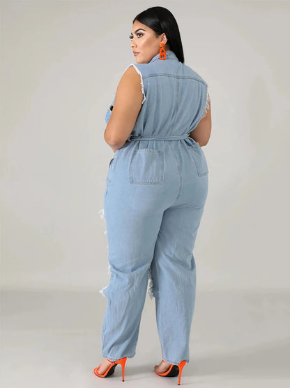 Womens Jeans Plus Size Streetwear One Piece Suit with Sash Denim Elegant Oversized Ripped Jumpsuit Wholesale Bulk Dropshipping