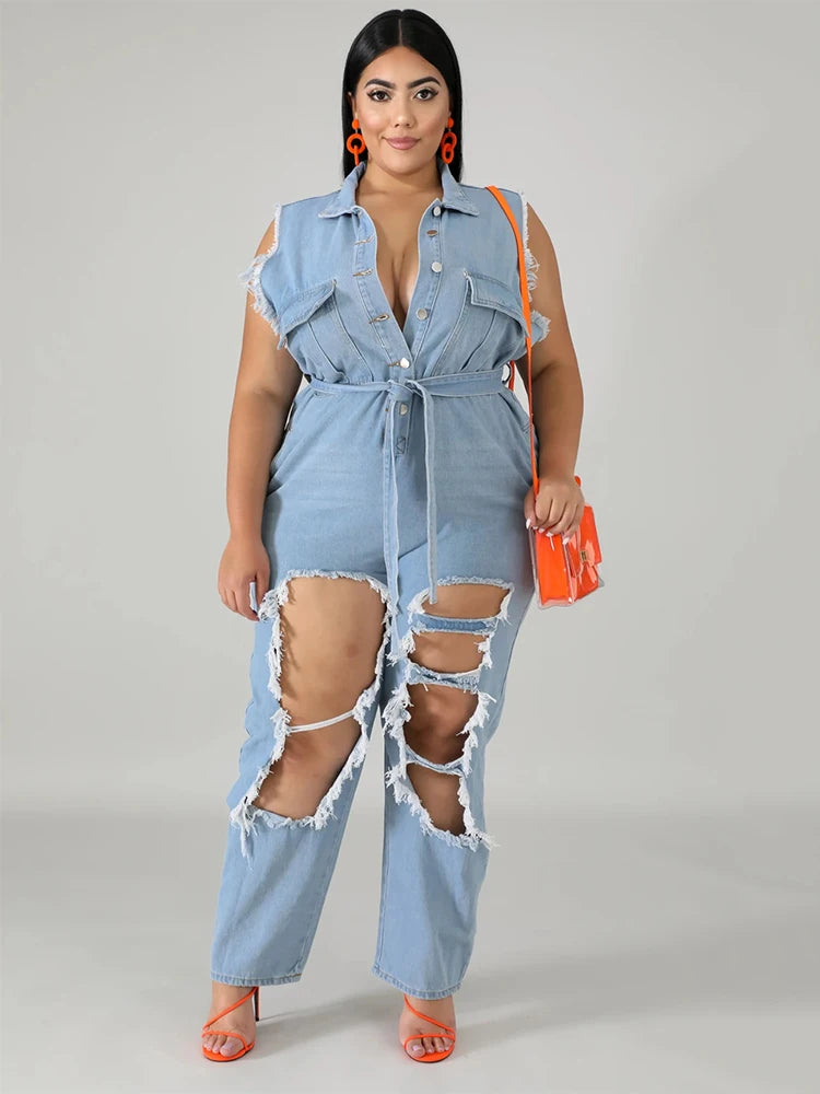 Womens Jeans Plus Size Streetwear One Piece Suit with Sash Denim Elegant Oversized Ripped Jumpsuit Wholesale Bulk Dropshipping