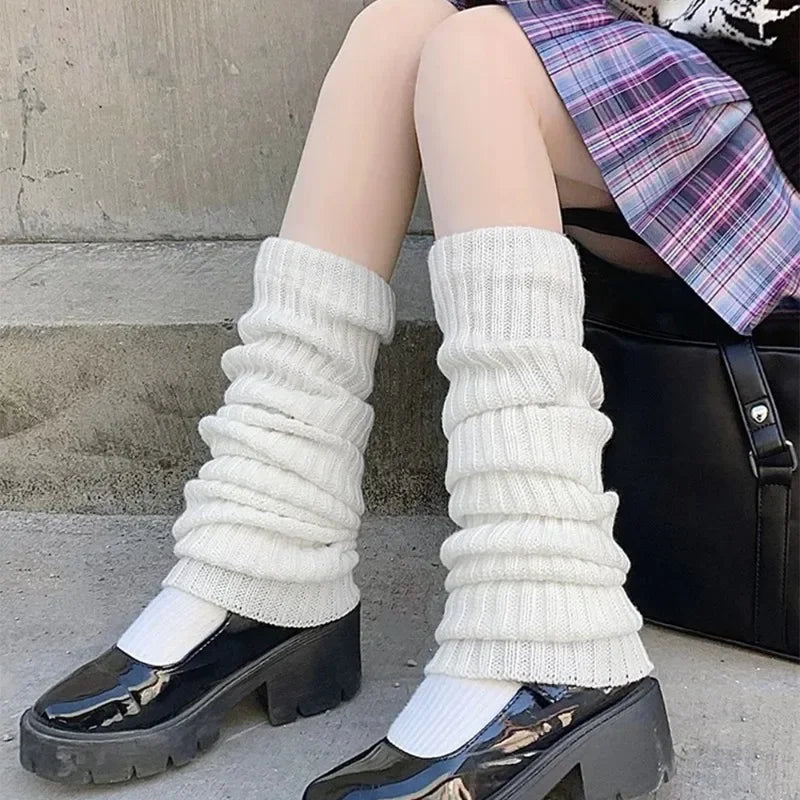 Y2K Winter Leg Warmers Women Girl Solid Color Wool Knitted Long Sock Soft Comfortable Warm Cotton Stockings Fashion Accessories