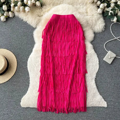 Women Chic Pleated Tassels Tiered Full  Skirt High Waist Elegant Korean Fashion Hip Wrap Skirt  Sweet  Summer Clothing