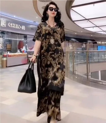 Oversize 5XL Dresses Female Two-Piece Suit 2023 New Spring Summer Dress Female Fashion Elegant Loose Print Mother Suit Dresses