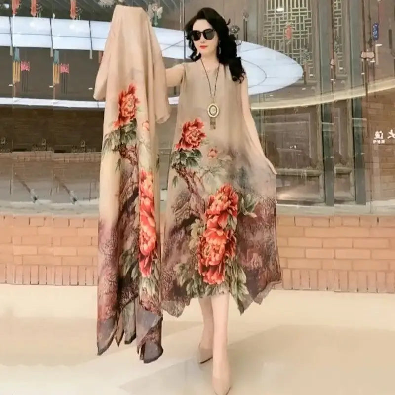 Oversize 5XL Dresses Female Two-Piece Suit 2023 New Spring Summer Dress Female Fashion Elegant Loose Print Mother Suit Dresses