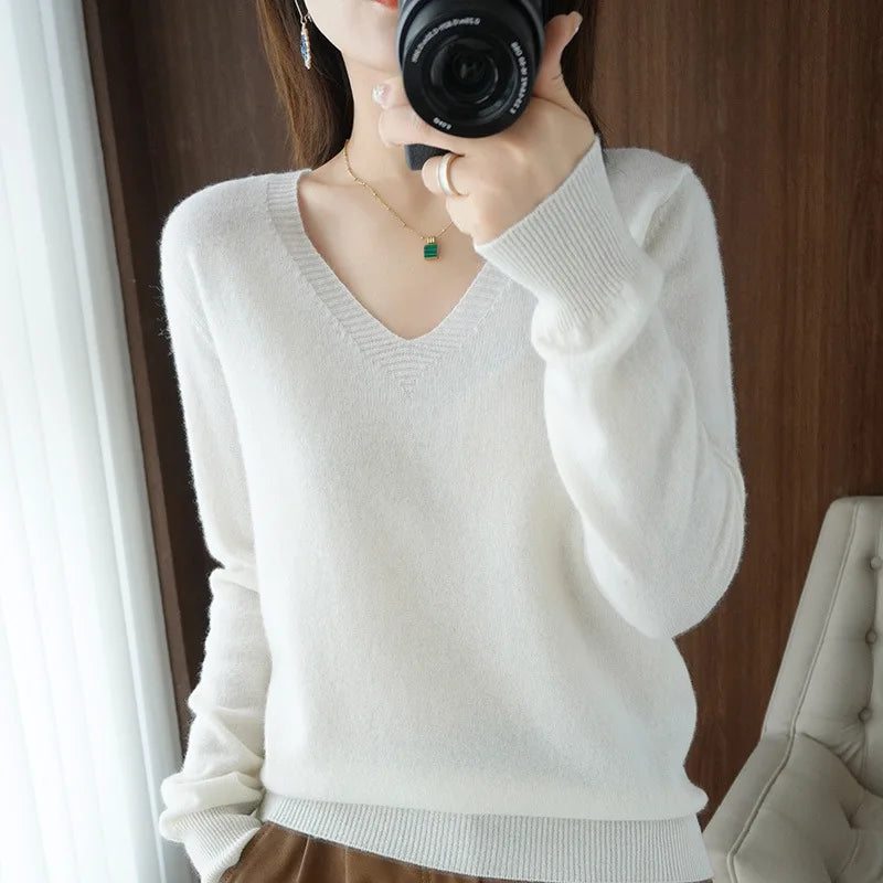 Women's Warm V-neck Pullover, Knitted Sweater, Korean Fashion, Long-sleeved, Loose Thin Inner Top, Autumn and Winter, New