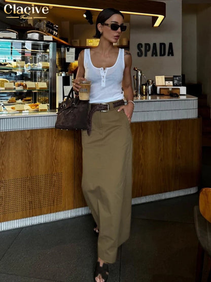 Clacive Fashion Loose Khaki Cotton Women's Skirt 2024 Casual High Waist Long Skirts Elegant Classic Solid Skirt Female Clothing