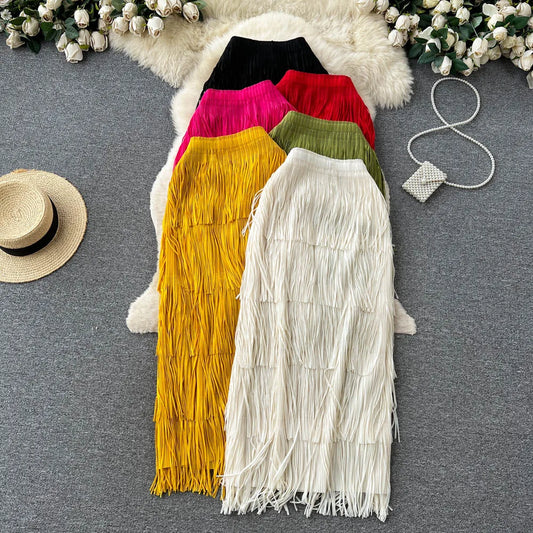 Women Chic Pleated Tassels Tiered Full  Skirt High Waist Elegant Korean Fashion Hip Wrap Skirt  Sweet  Summer Clothing