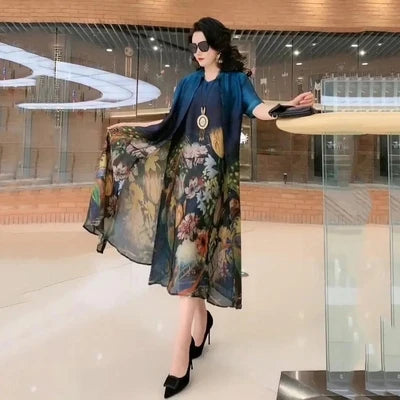 Oversize 5XL Dresses Female Two-Piece Suit 2023 New Spring Summer Dress Female Fashion Elegant Loose Print Mother Suit Dresses